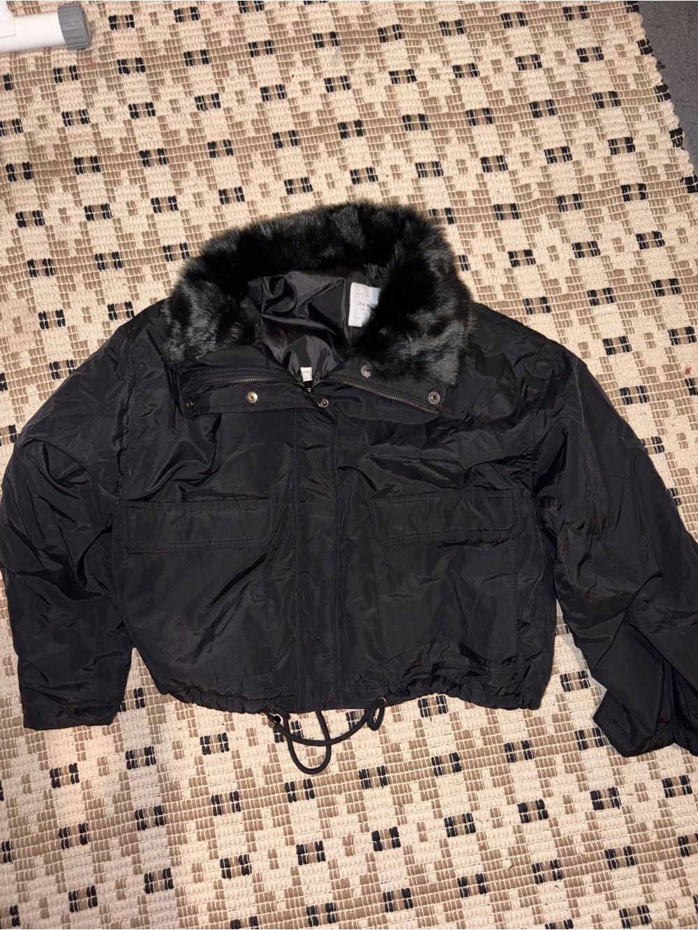 Forever 21 Black Puffer Coat with Faux Fur Hood Trim